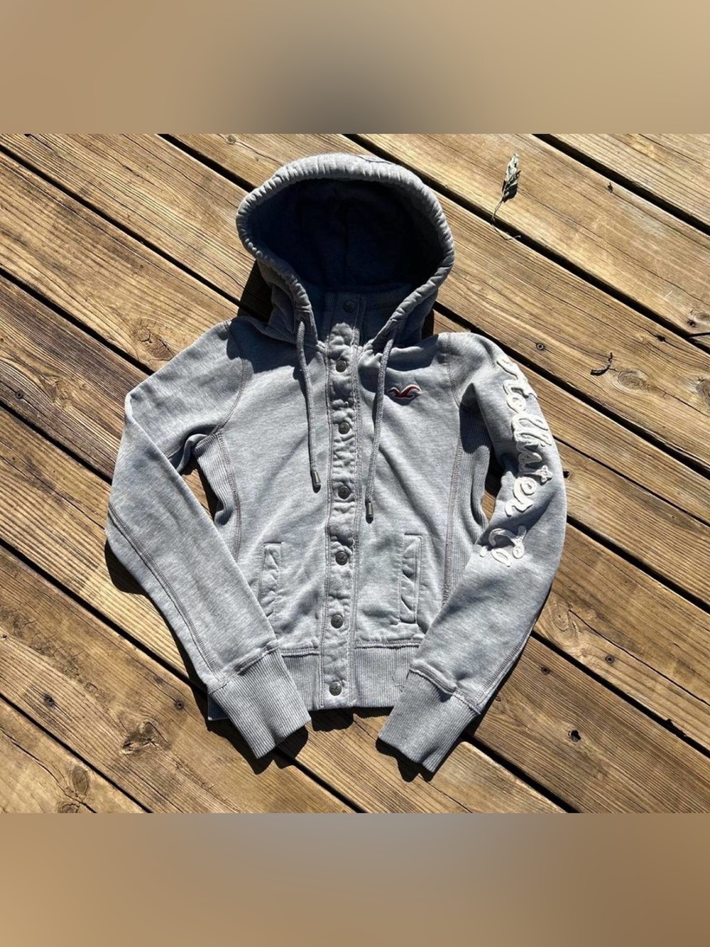 Y2K Hollister Vintage Button Up Hoodie with Sleeve Embroidery Size XS